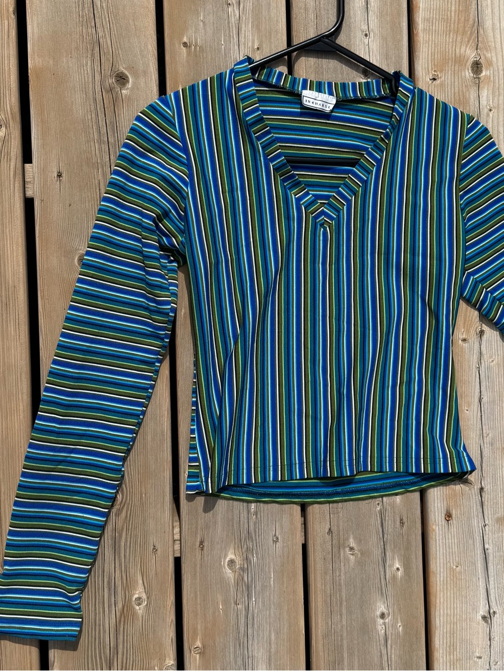 IN CHARGE 90’s Blue & Green Striped V-Neck Long Sleeve Top